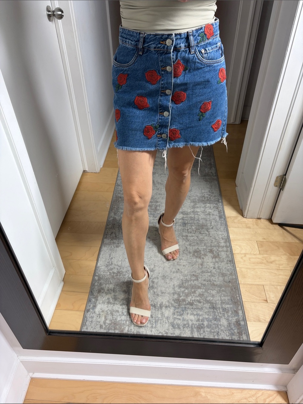 Zara Blue Denim Mini Skirt with Red Rose Embroidery